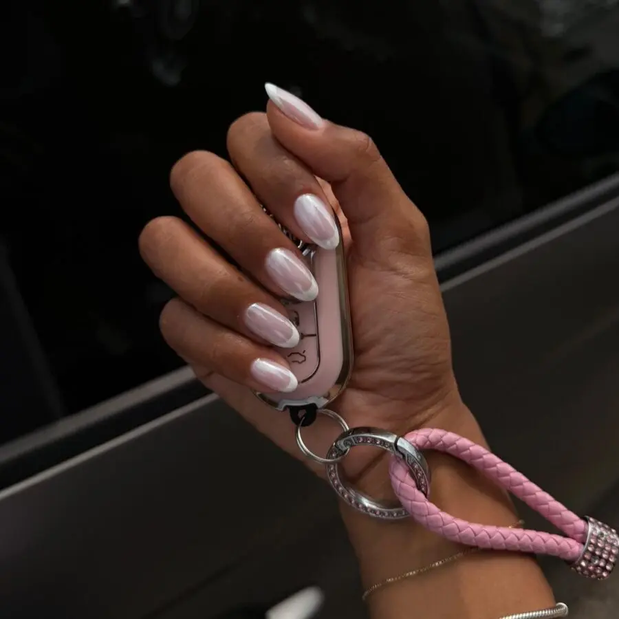 Glamorous Pink Shimmer Nails by Hailey Bieber