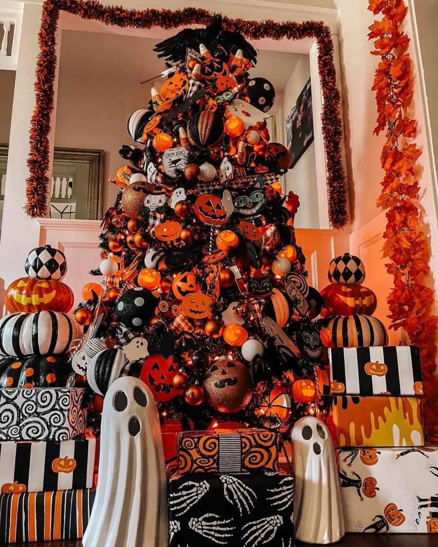 Vibrant Halloween Tree and Festive Decor