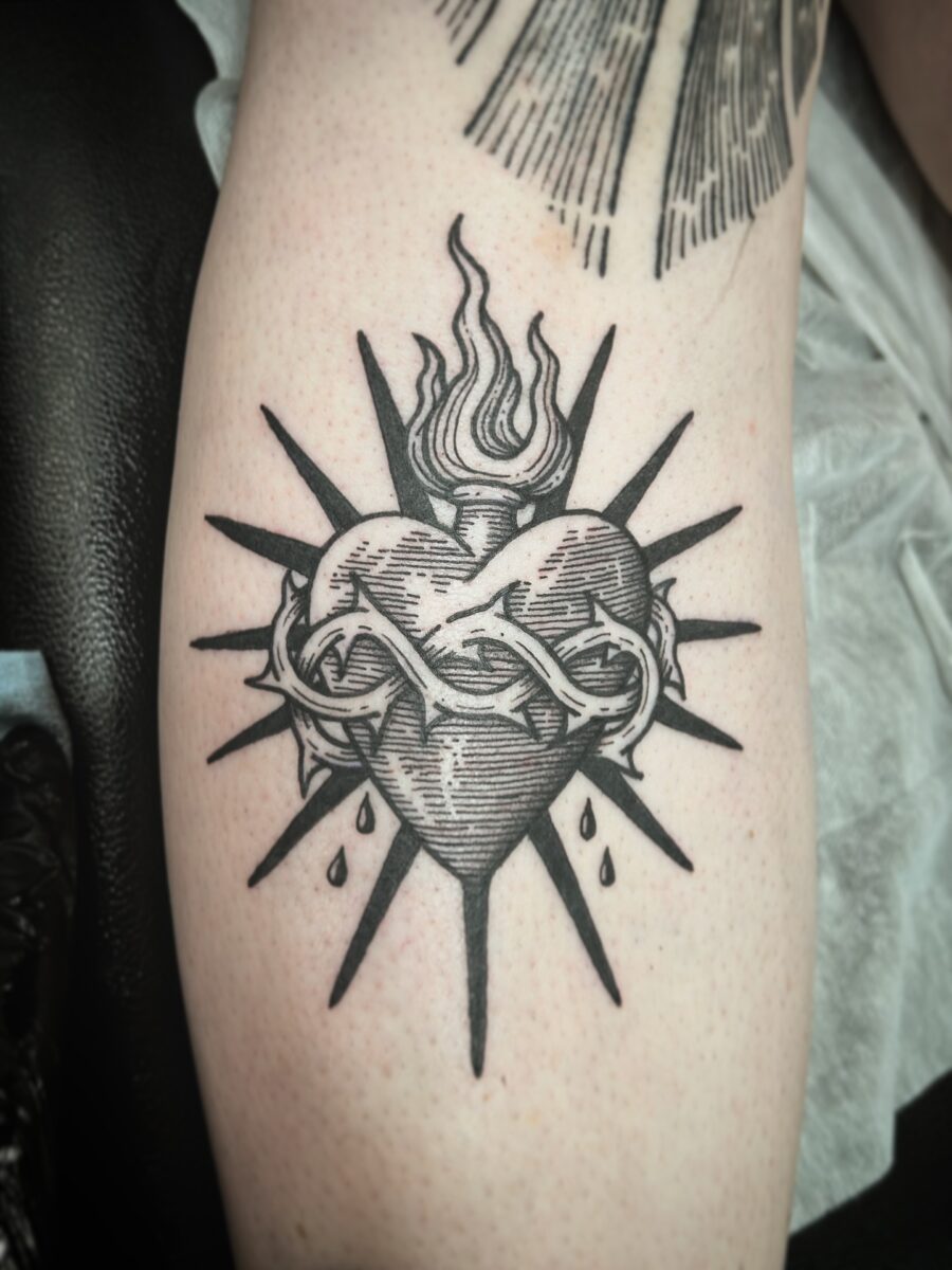 Flaming Heart Tattoo with Thorny Crown