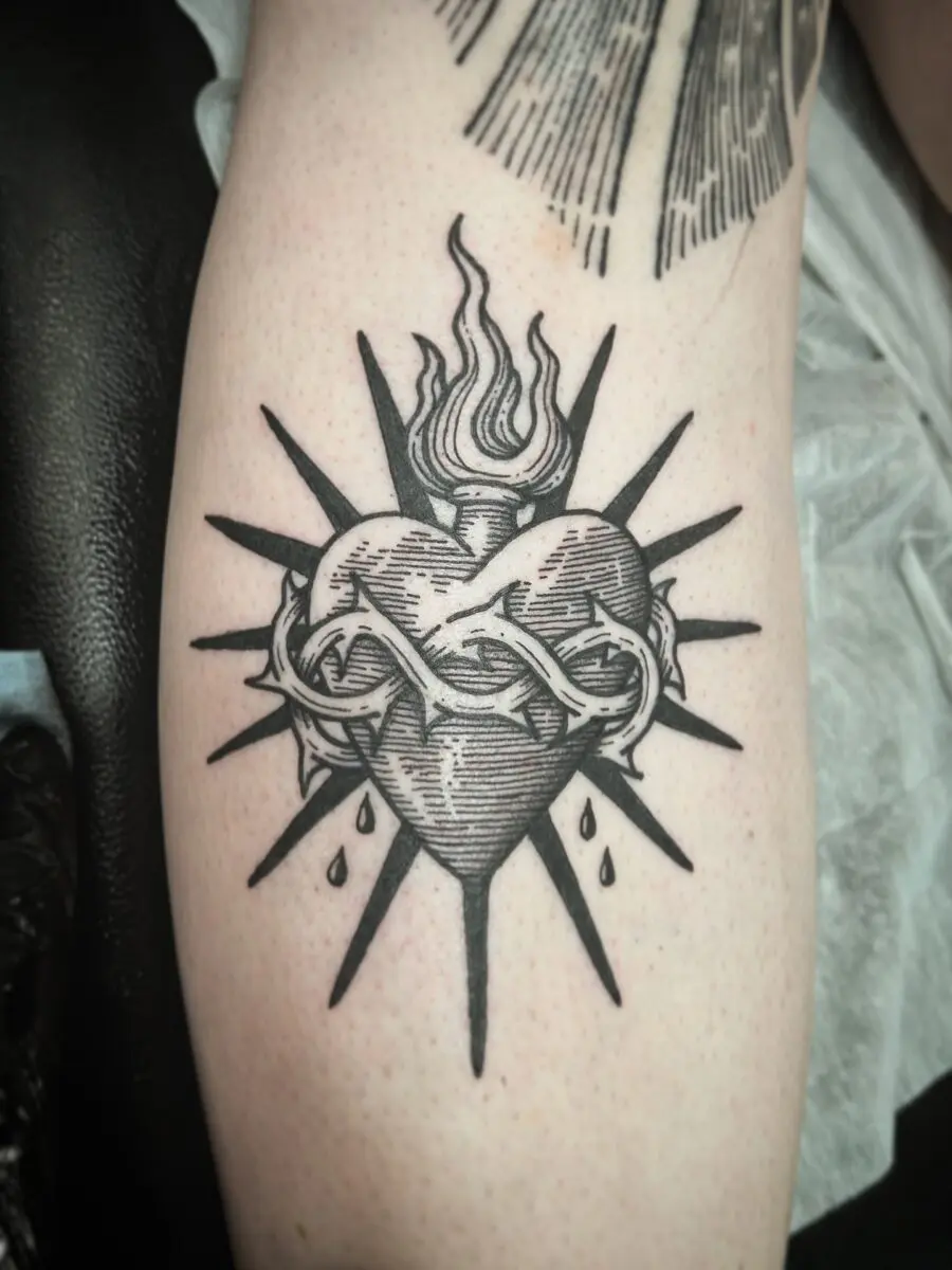 Flaming Heart Tattoo with Thorny Crown