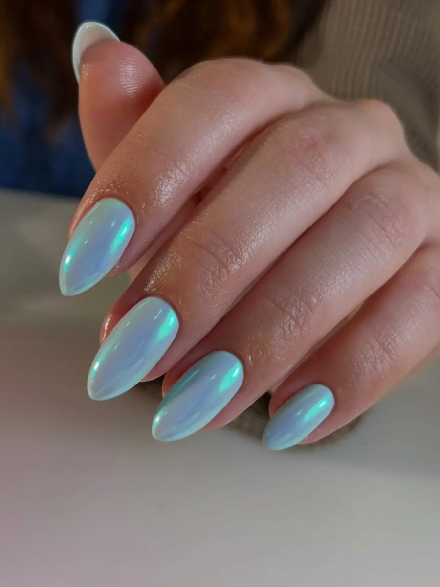 Beautiful almond nails with a holographic finish