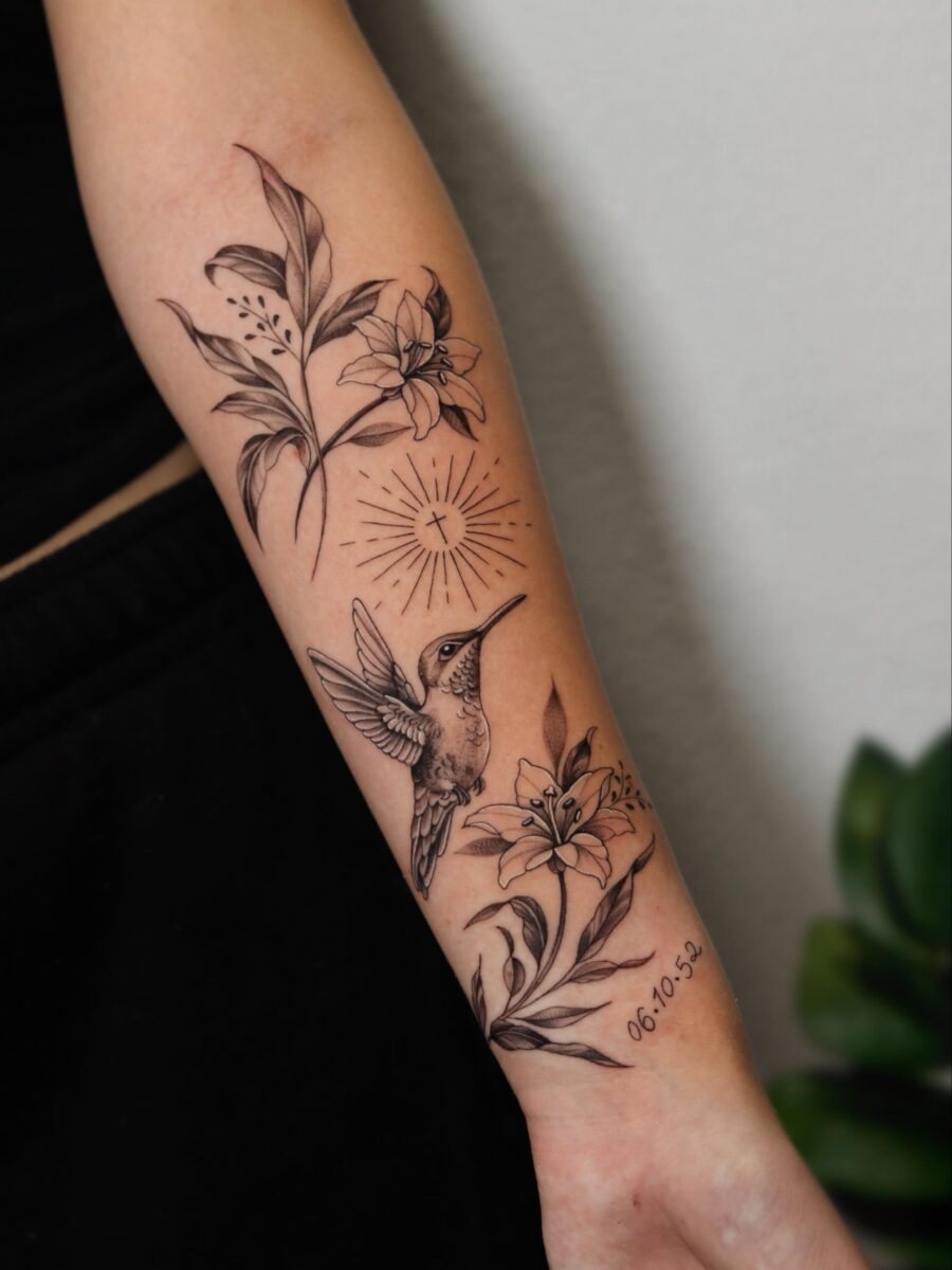 Ethereal hummingbird tribute tattoo design concept