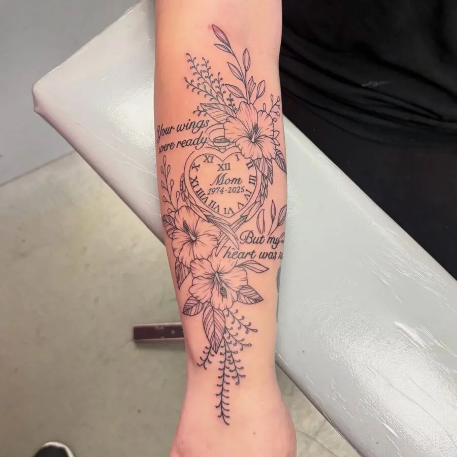 Delicate floral tribute tattoo honoring a mother