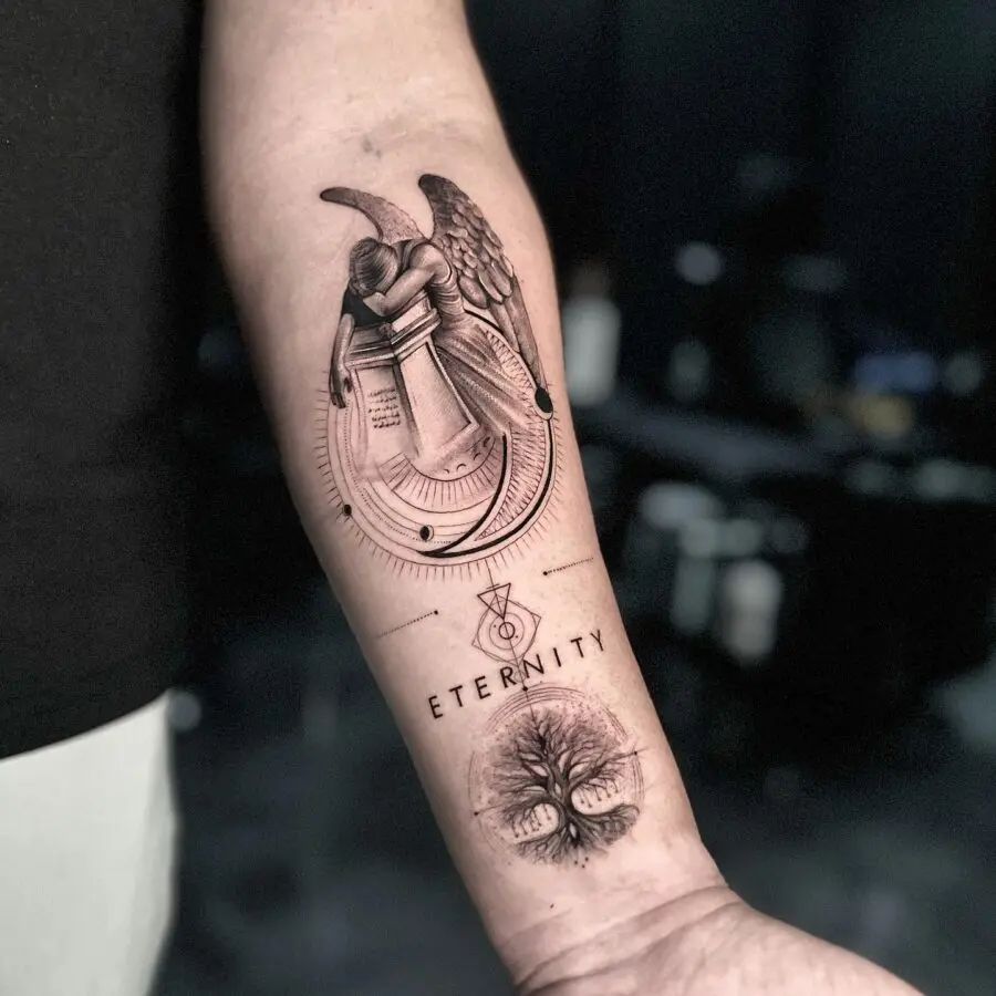 Elegant memorial tattoo with angelic themes
