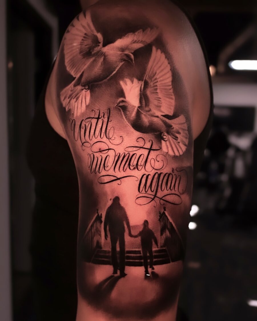 Emotional tribute with doves and silhouette