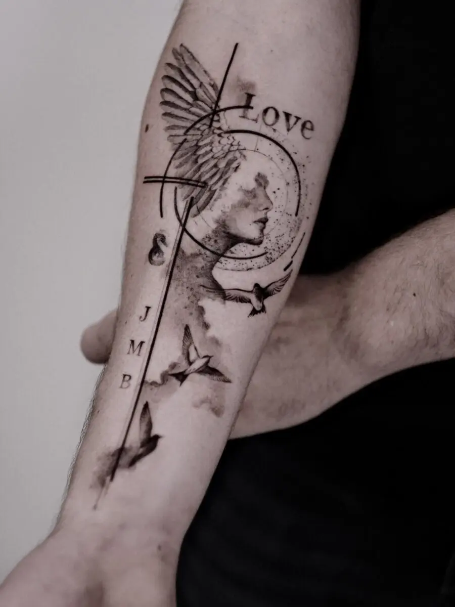Elegant tribute tattoo combining love and freedom
