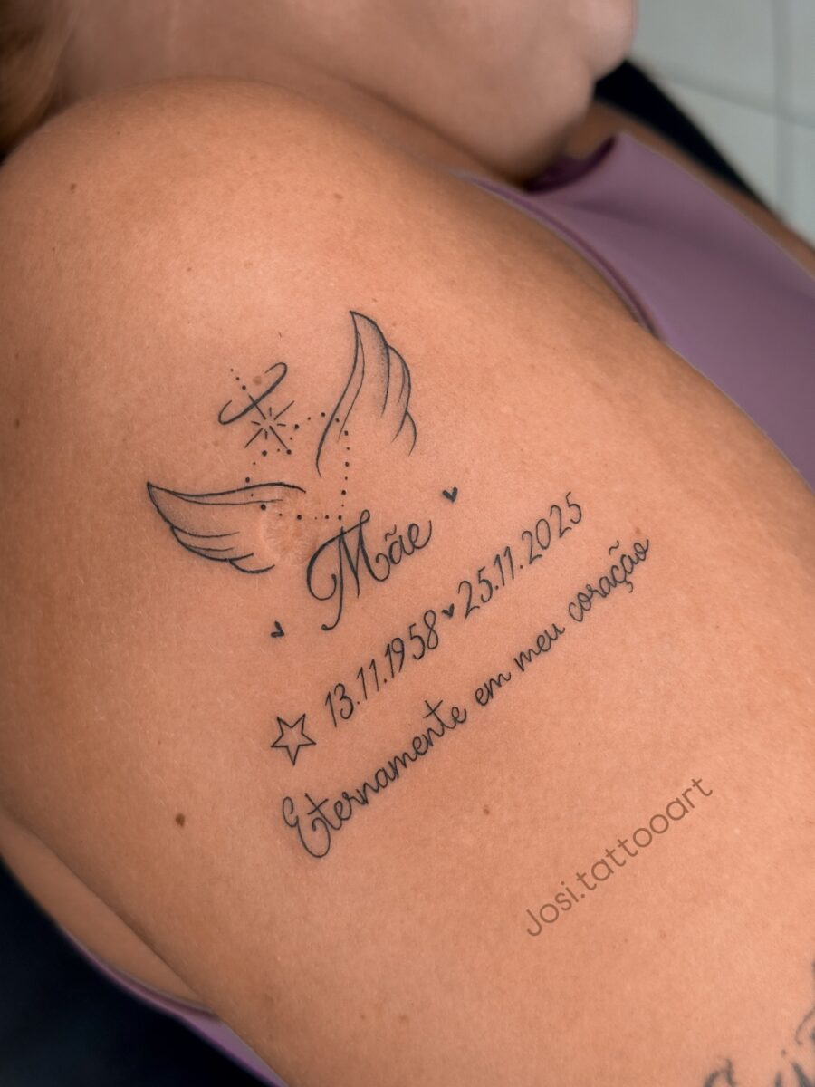 Touching tribute tattoo with wings and dates