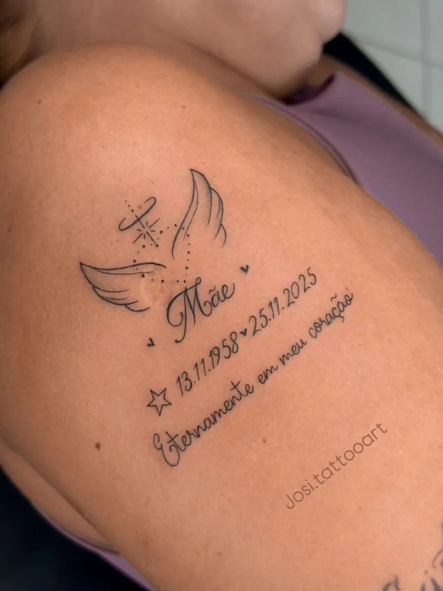 Touching tribute tattoo with wings and dates
