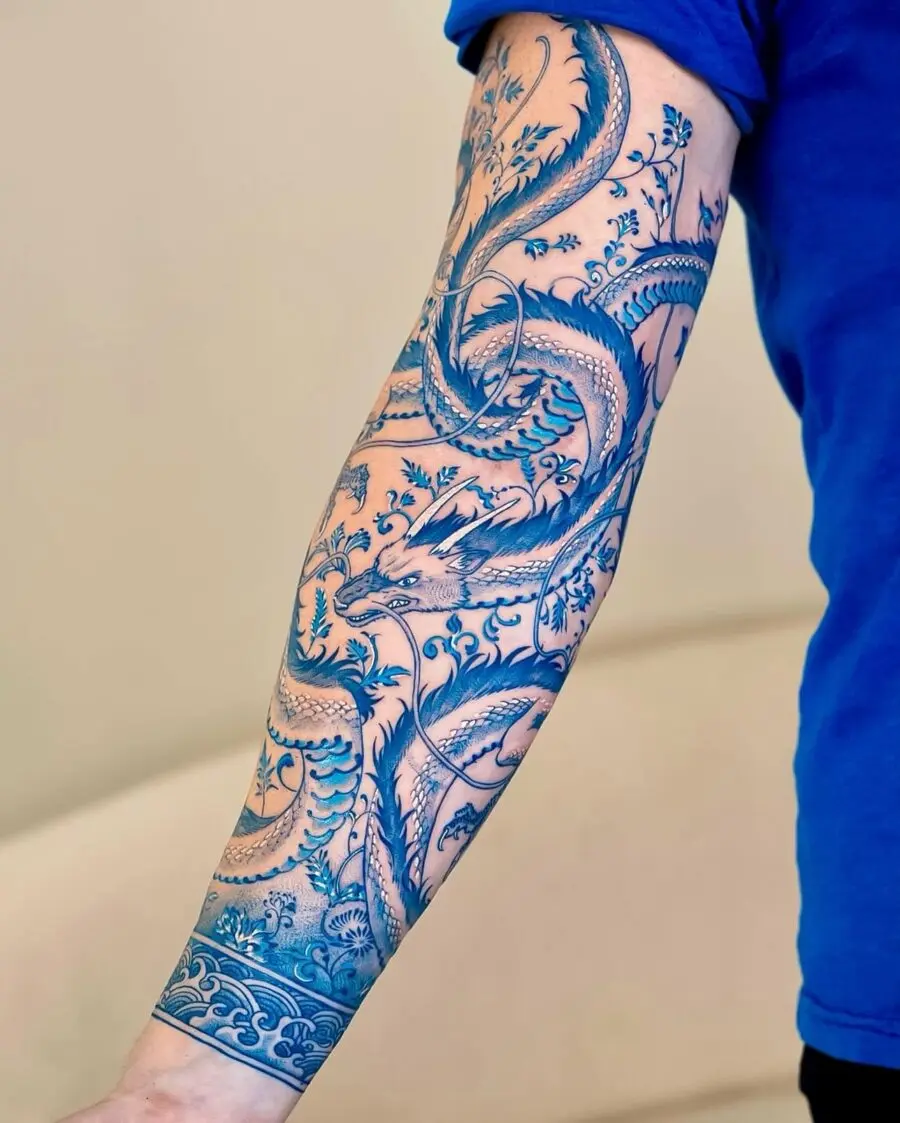 Elegant Japanese tattoo with vibrant blue tones