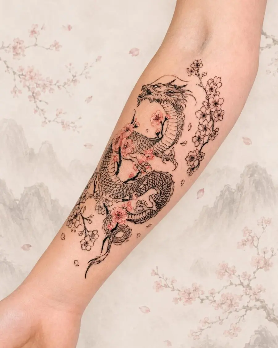 Stunning dragon and cherry blossom tattoo art