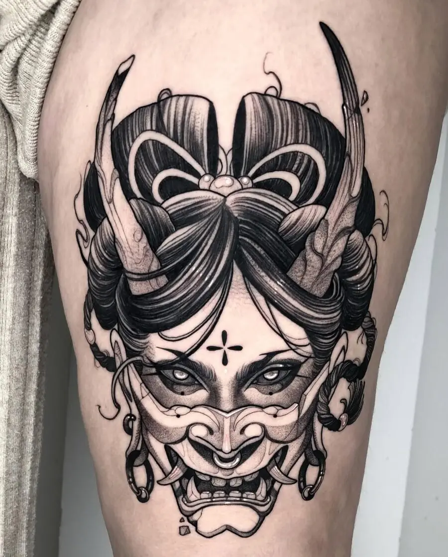 Intricate Japanese Oni Mask Tattoo Design