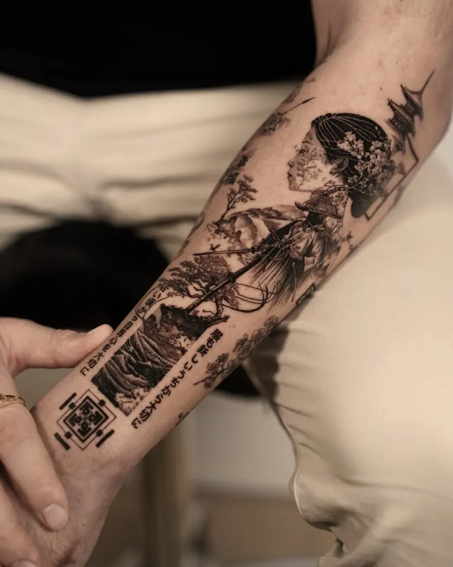 Elegant Japanese Tattoo Featuring Woman and Nature