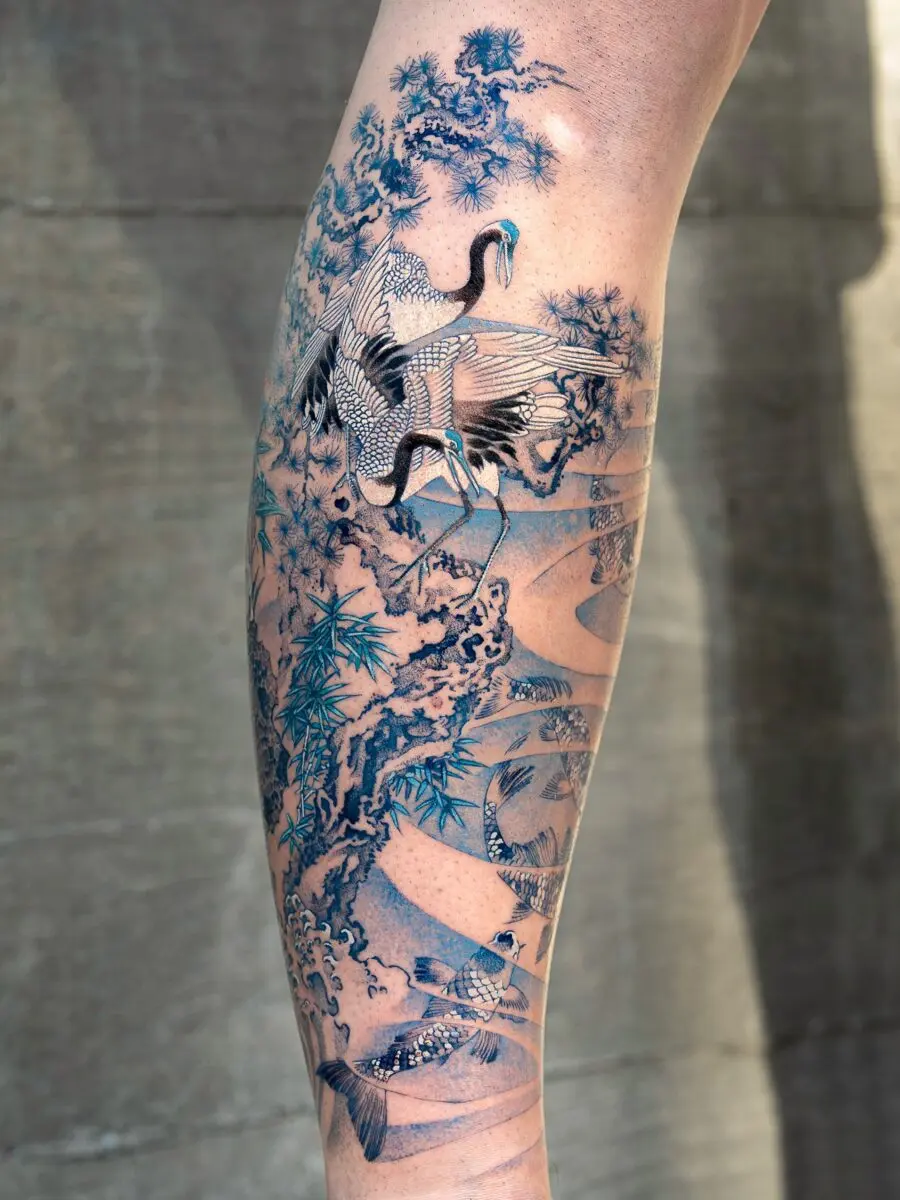 Stunning Japanese Crane and Bamboo Tattoo Design