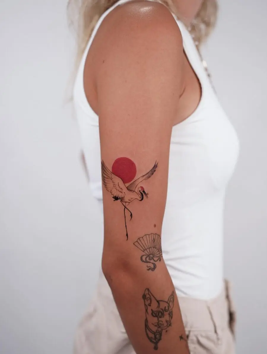 Elegant crane tattoo with rising sun symbolism