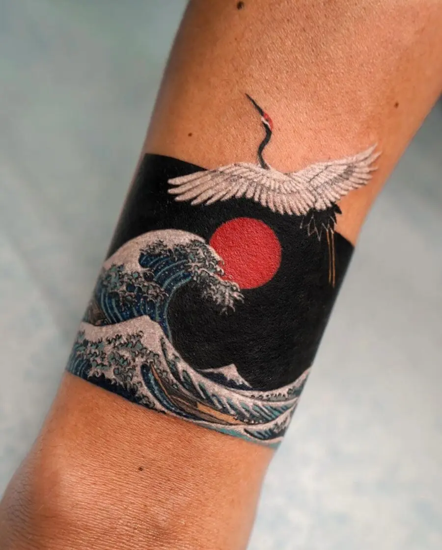 Stunning crane soaring above ocean waves