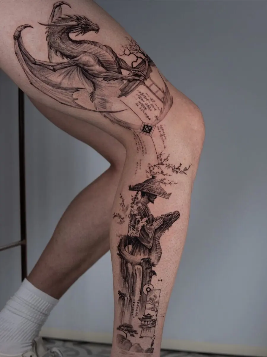 Intricate Japanese Tattoo Featuring Dragon and Samurai