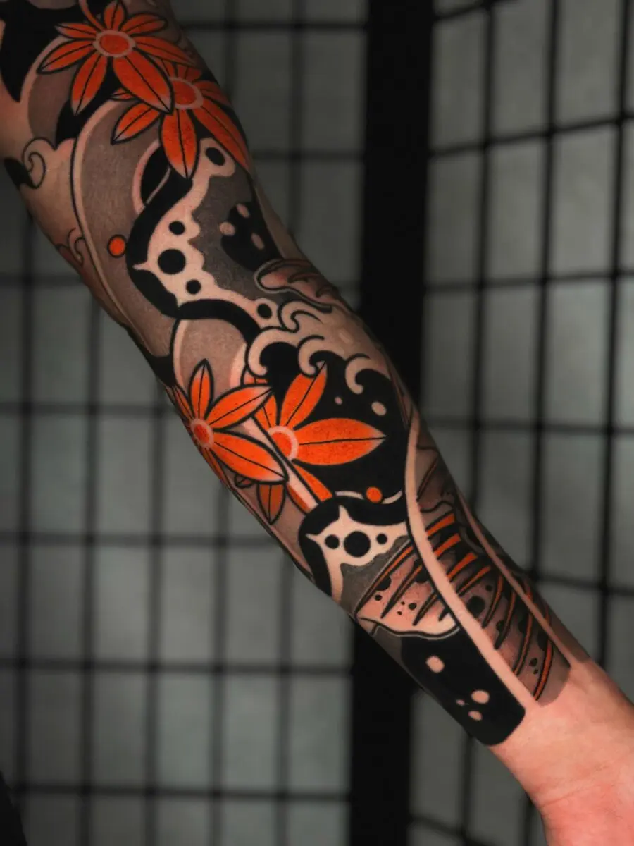 Vibrant Flowers Emphasizing Japanese Tattoo Art