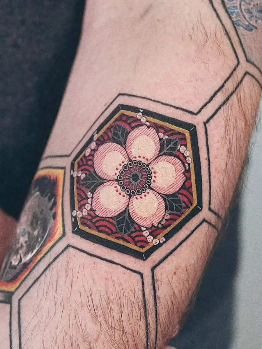 Stunning hexagonal floral Japanese tattoo design