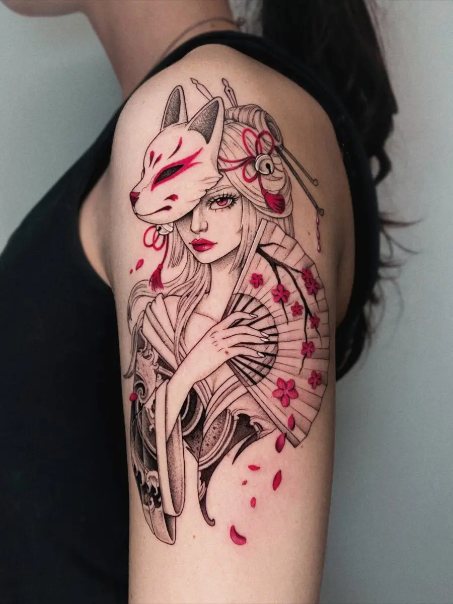 Mesmerizing fox spirit tattoo with floral accents