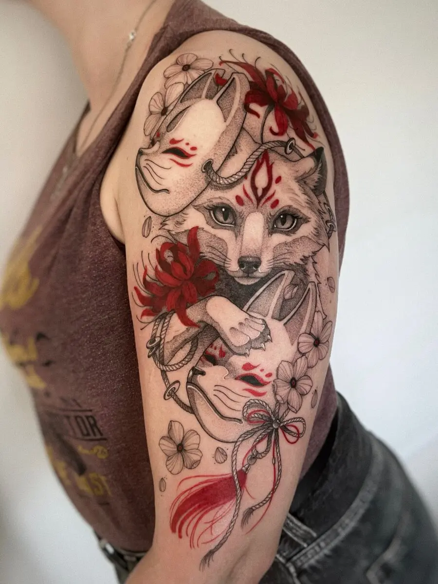 Stunning Japanese Fox Mask Tattoo with Flowers