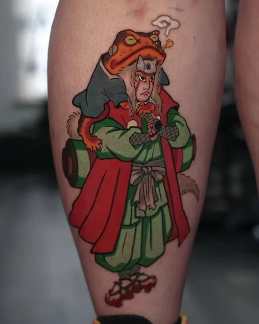 Intricate Japanese tattoo featuring a mythical figure