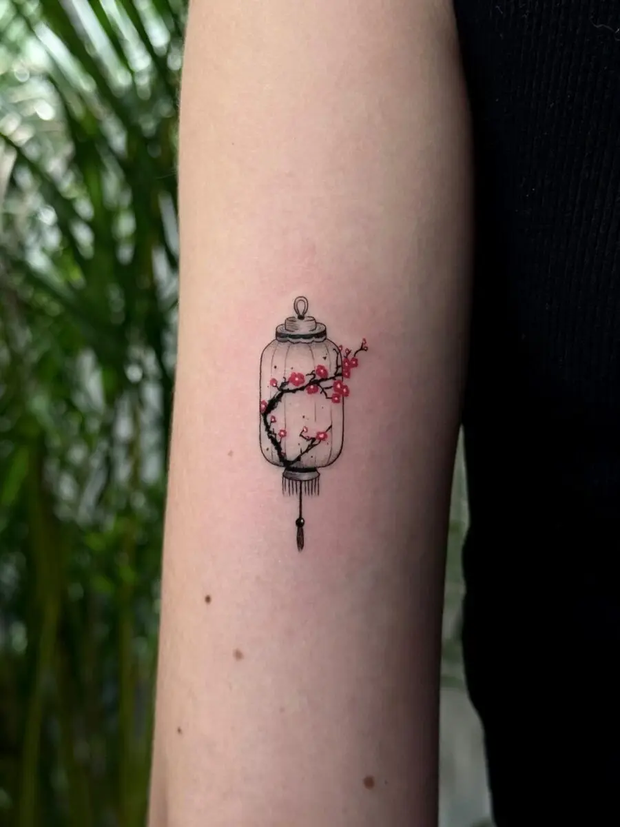 Intricate Japanese Jar Tattoo with Cherry Blossoms