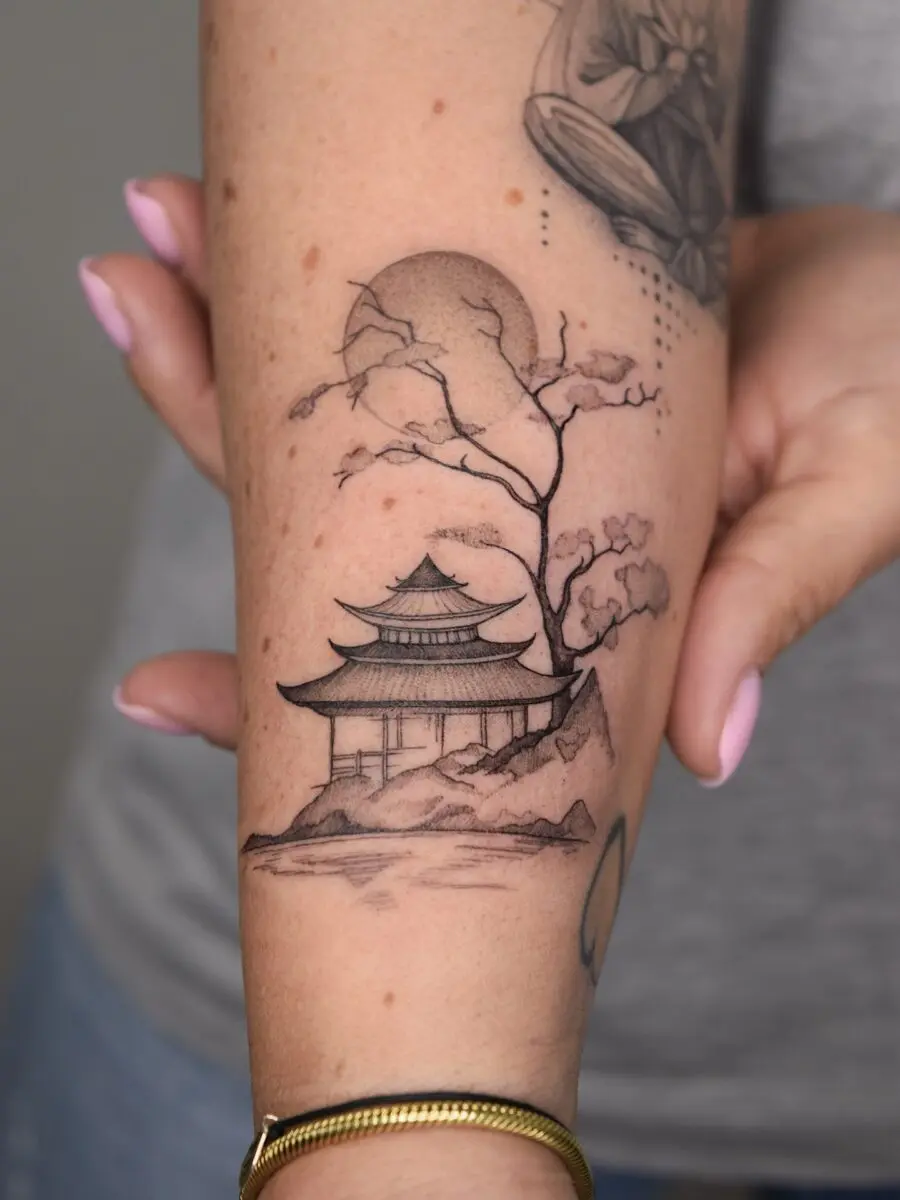 Elegant Japanese temple with serene surroundings
