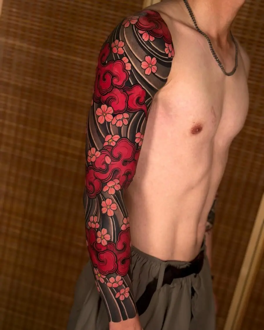 Vibrant Japanese Sleeve Tattoo with Floral Accents