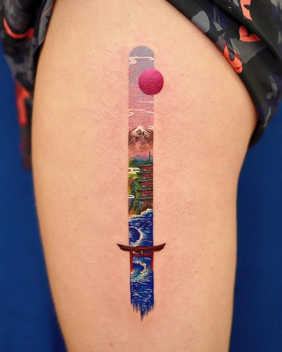 Vibrant Japanese Tattoo Featuring a Sword Scene