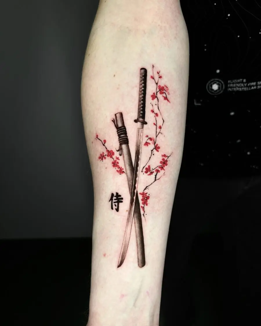Intricate samurai swords with delicate cherry blossoms