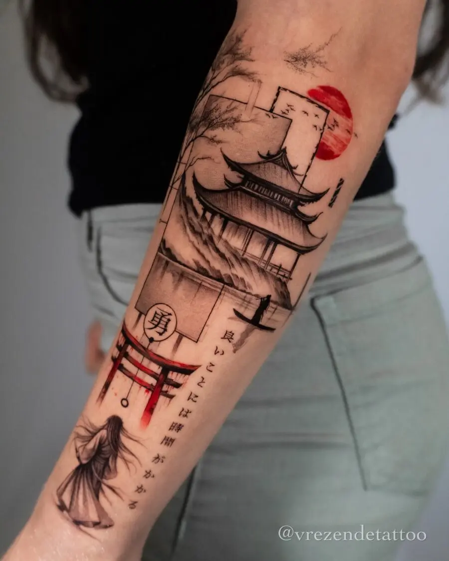 Stunning Japanese traditional tattoo with scenic elements