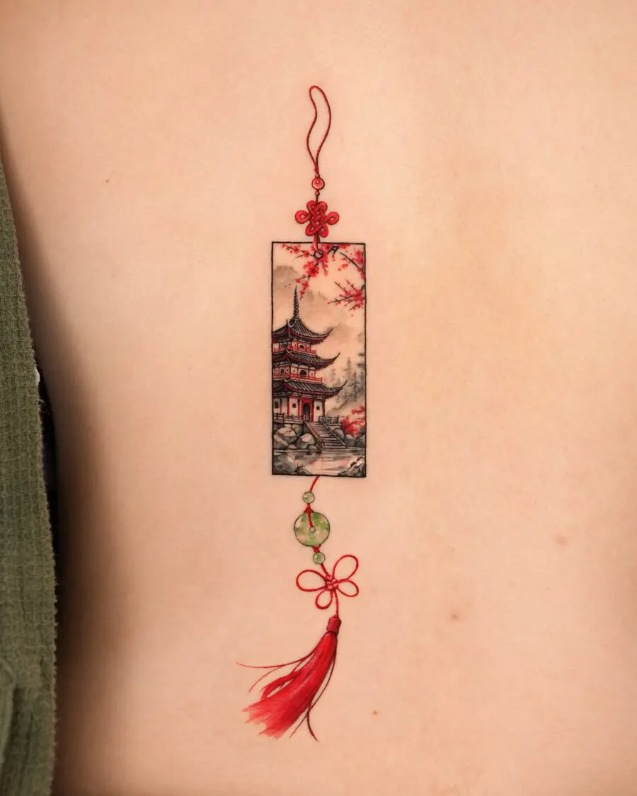 Elegant Japanese Pagoda Tattoo Design Unveiled