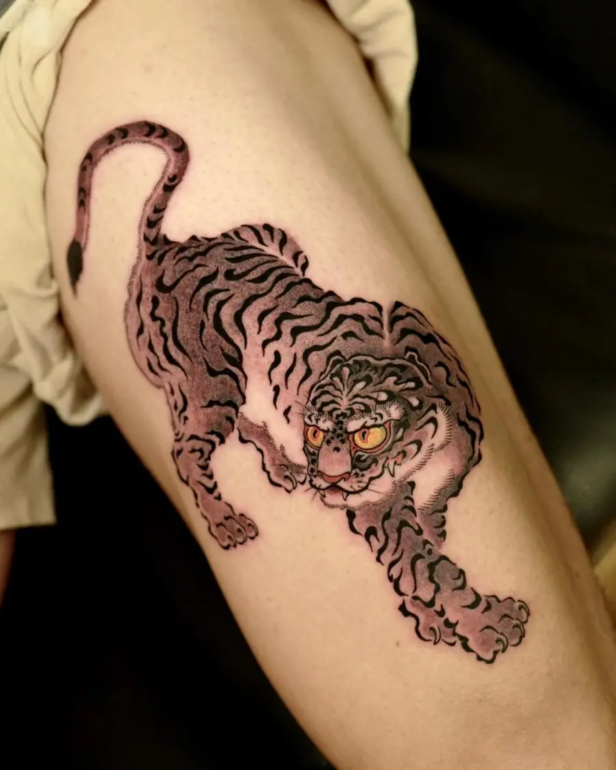 Stunning traditional tiger tattoo in vivid colors