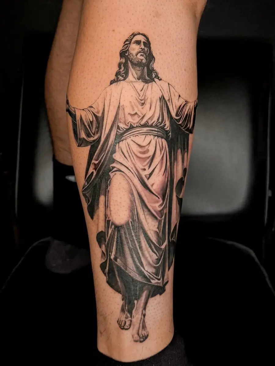 Intricate portrayal of Jesus in black and gray