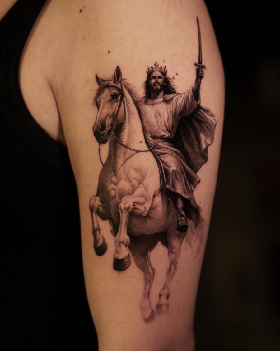 Majestic depiction of Jesus on horseback
