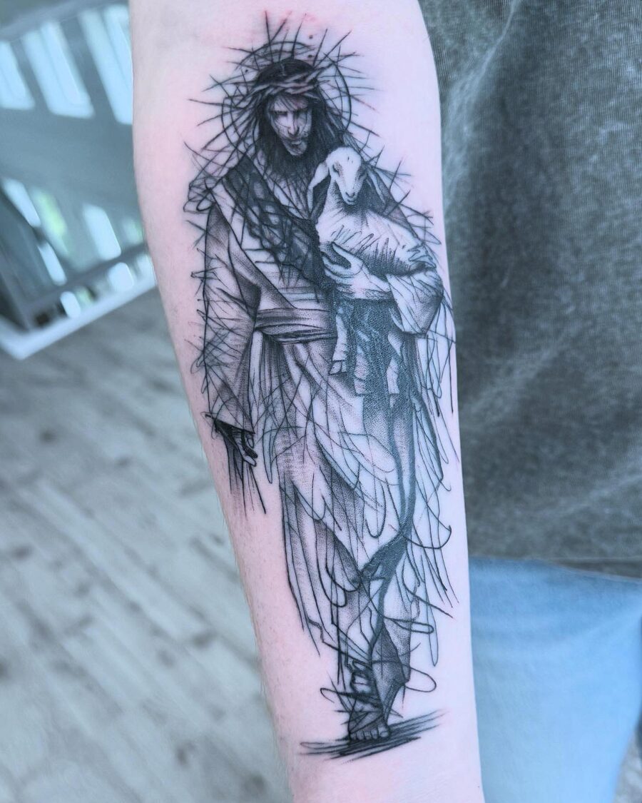 Intricate Jesus Tattoo with a Lamb Symbolism