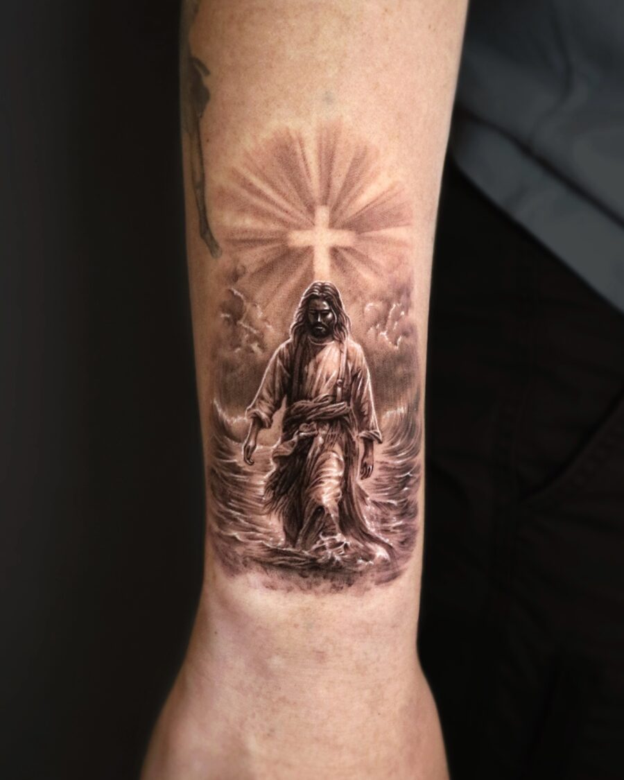 Realistic Jesus Walking on Water Tattoo