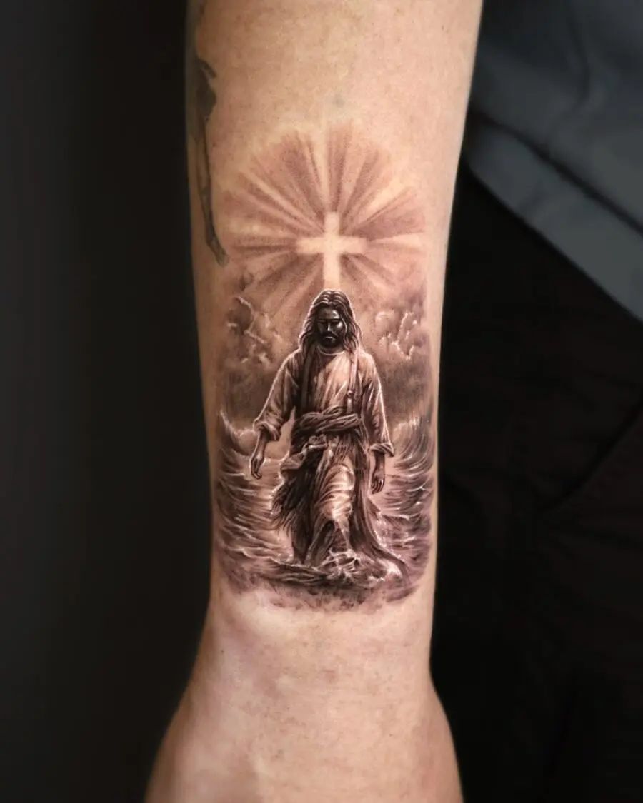 Realistic Jesus Walking on Water Tattoo