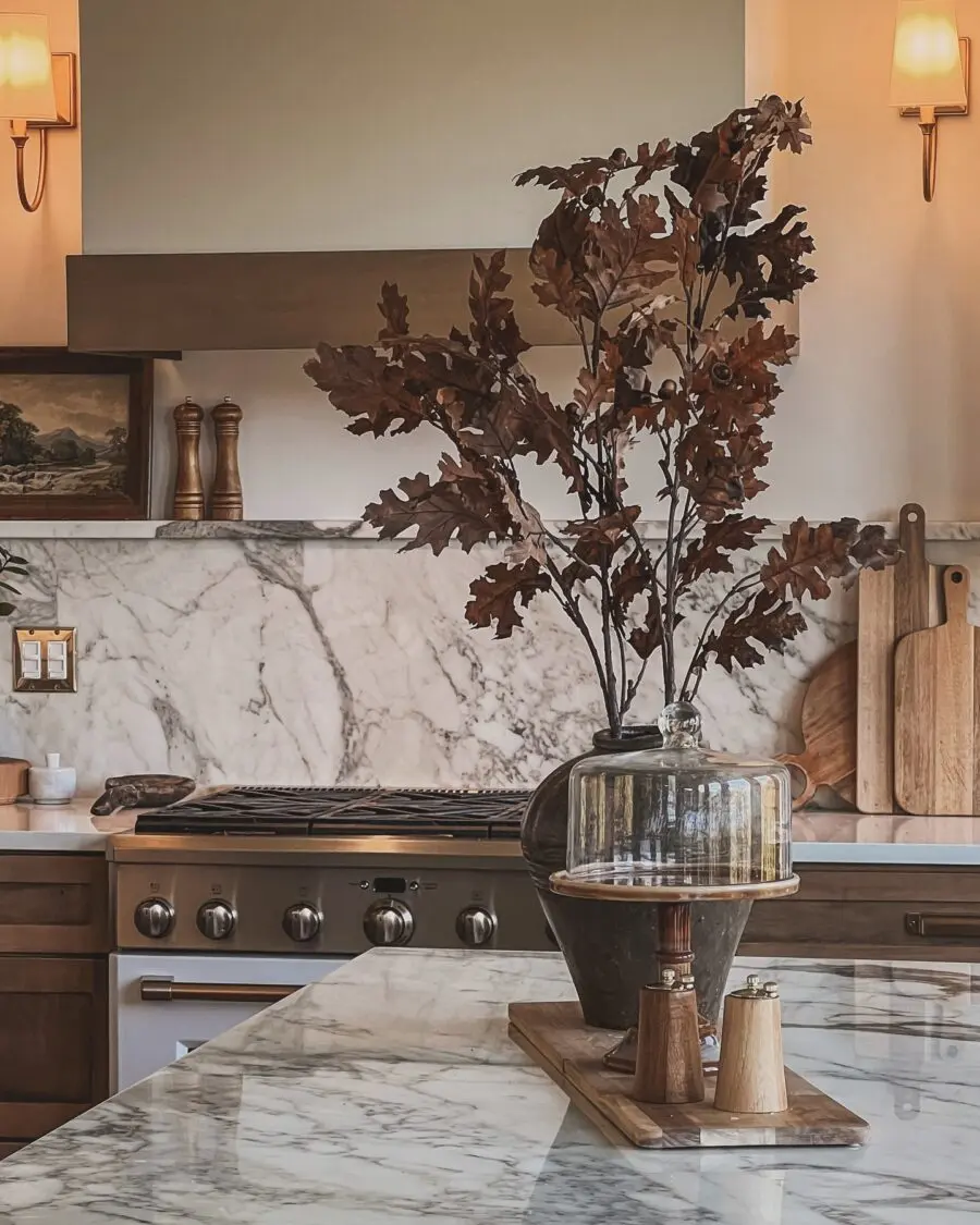 Elegant marble kitchen counter with warm decor