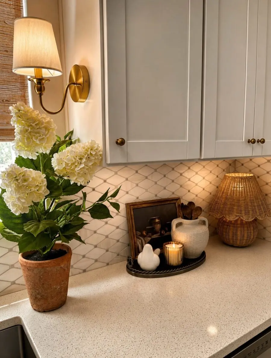 Charming kitchen counter with floral accents.