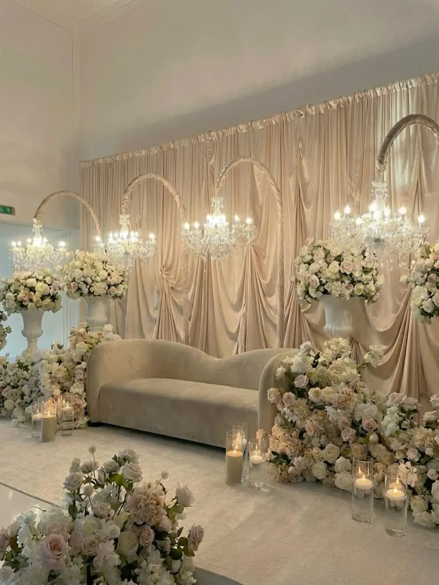 Elegant floral arrangements with a luxurious couch