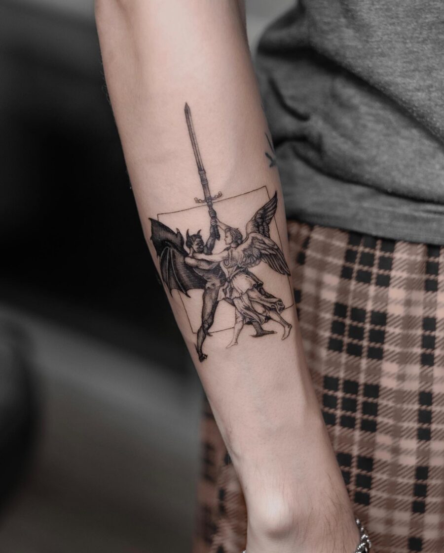 Powerful depiction of Archangel Michael tattoo
