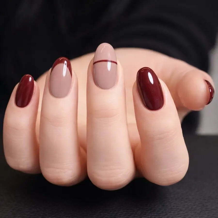 Chic Minimalist Nails with Red and Nude Hues