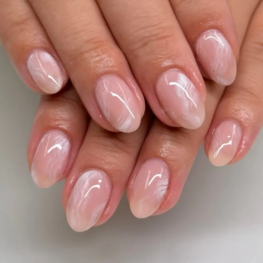 Soft Pink Wavy Marble Minimalist Nail Design