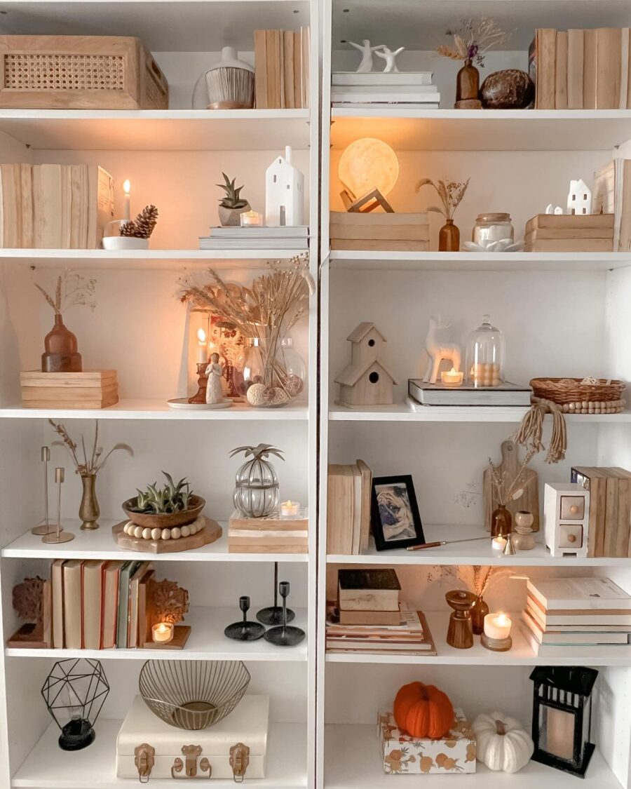Elegant shelf decor with warm, cozy vibes
