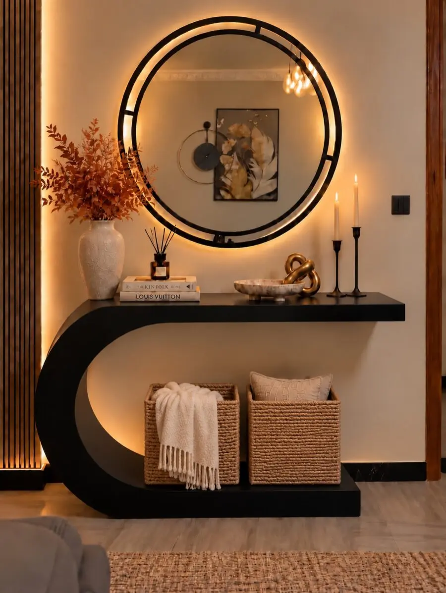 Stylish Entryway Table with Circular Mirror