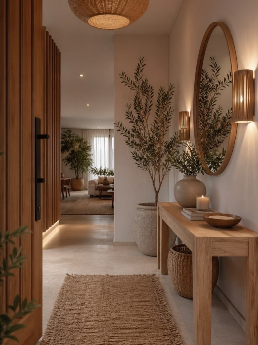 Chic entryway table harmonizes warm natural elements