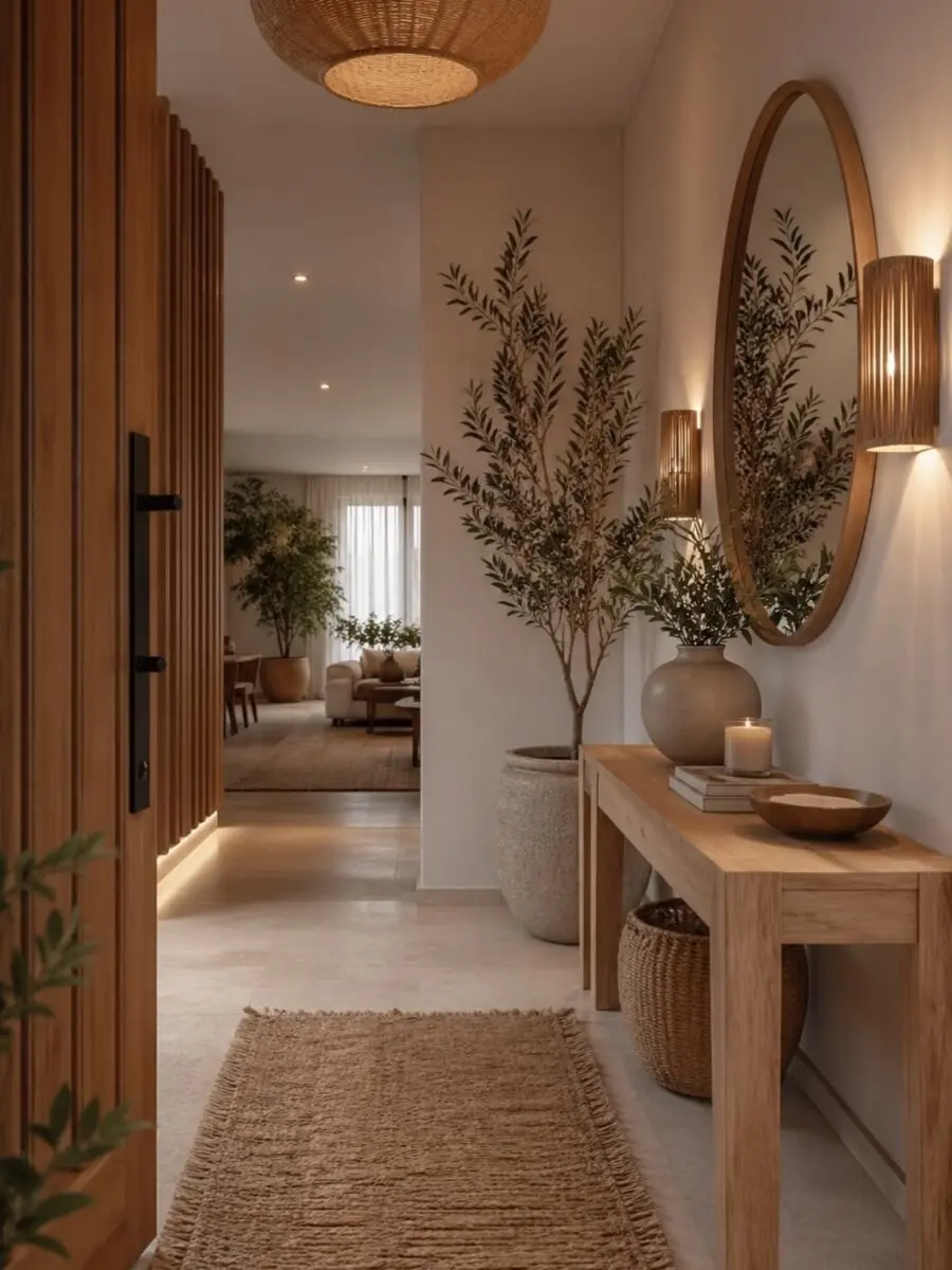 Chic entryway table harmonizes warm natural elements