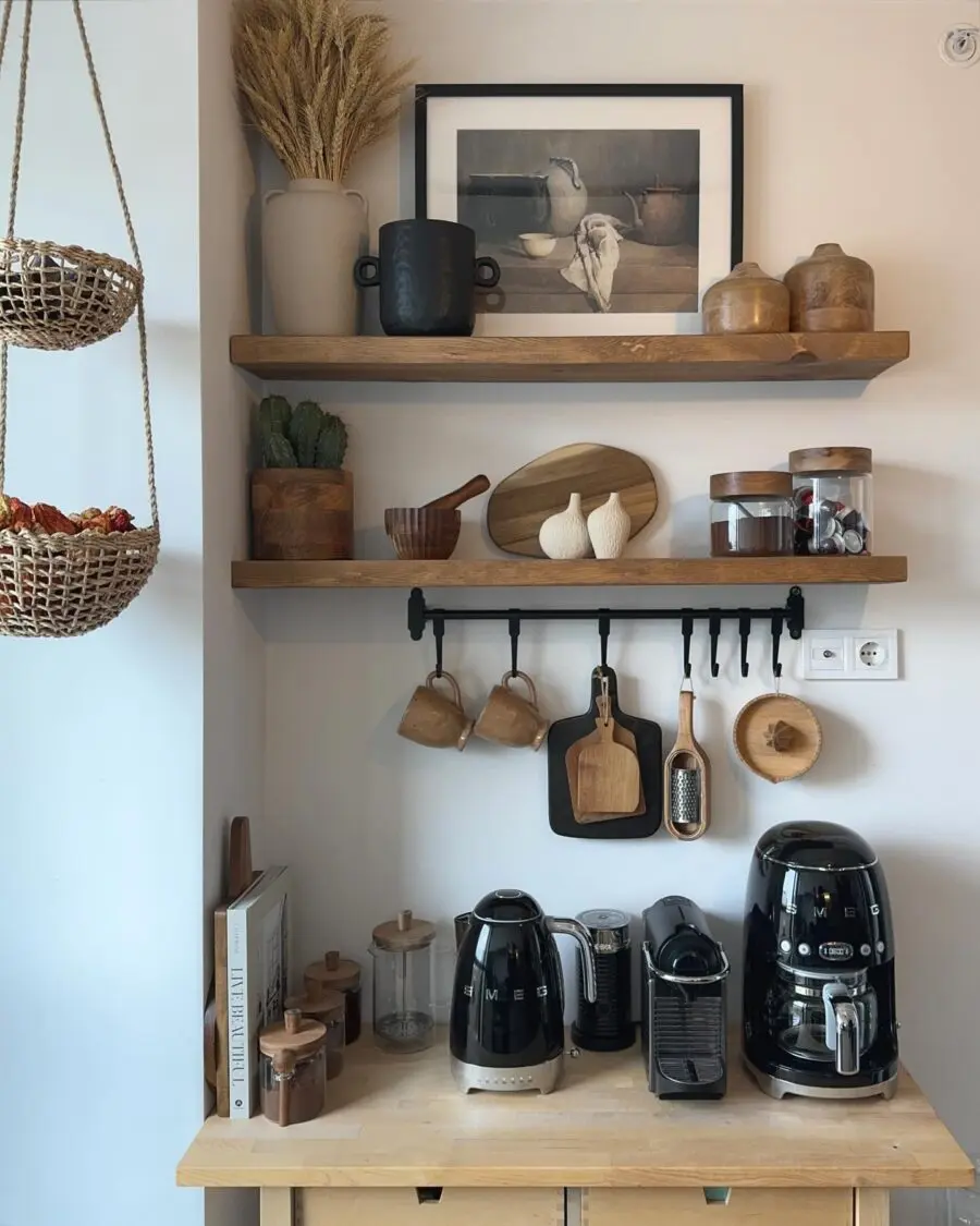 Charming kitchen shelves with rustic accents