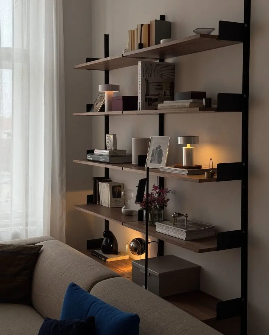 Stylish shelves with warm ambient lighting